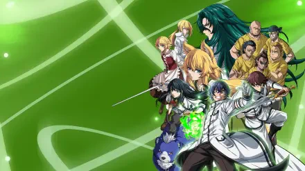 4K Ultra HD PC desktop wallpaper and background of The Wrong Way to Use Healing Magic: anime ensemble on vivid green swirls, protagonist emitting a bright green healing aura.