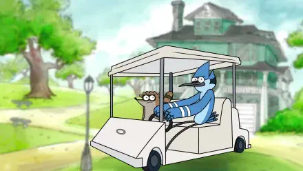 Regular Show 4K Ultra HD PC desktop wallpaper: Mordecai and Rigby riding a golf cart down a leafy suburban street with a large house in the background.