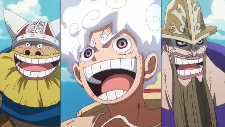 Anime One Piece HD desktop wallpaper featuring giants Dorry, Brogy and Monkey D. Luffy grinning in close-up against a bright blue sky.