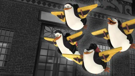 The Penguins of Madagascar in mid-flight over a brick city facade — 4K Ultra HD PC desktop wallpaper and background.