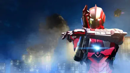 Ultraman: Rising — red-silver Ultraman with glowing chest and crossed arms rising above a smoky city skyline; HD PC desktop wallpaper/background.