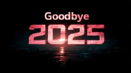 Dark, technology-themed 2K Quad HD PC desktop wallpaper: glowing red Goodbye 2025 reflected over a wet, circuitry-lit horizon.