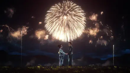 Anime HD PC desktop wallpaper from Demon Slayer: Kimetsu no Yaiba — two characters in kimonos hold hands in a moonlit field beneath a giant golden firework.