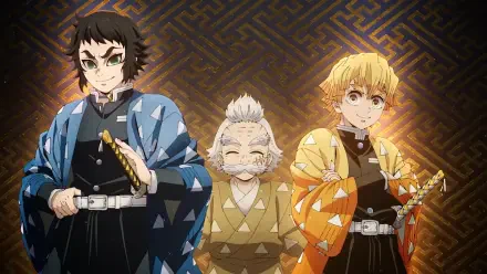 HD anime desktop wallpaper from Demon Slayer: Kimetsu no Yaiba featuring Zenitsu Agatsuma standing with two companions against a warm, gold-patterned background.