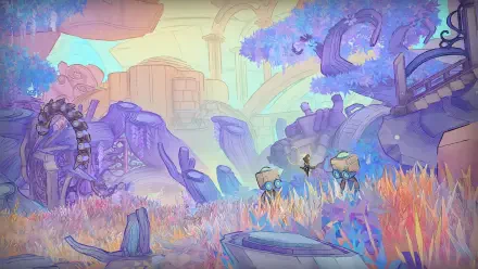 HD PC desktop wallpaper from the video game Mio: Memories in Orbit — pastel ruins and purple trees over colorful grasses as two tiny explorers traverse a dreamlike mechanical landscape.