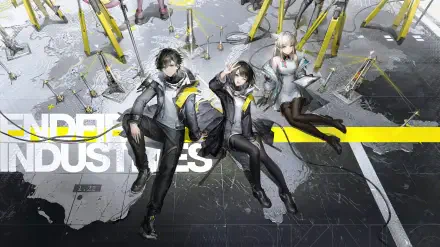 Arknights: Endfield video game 2K Quad HD PC desktop wallpaper and background: three operators in gray-and-yellow tactical outfits sprawled on a stylized industrial, map-like floor.