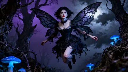Gothic fairy in a torn black dress with lace wings hovers above a moonlit, mushroom-lit forest — eerie 4K Ultra HD PC desktop wallpaper/background.