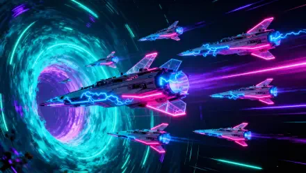 4K Ultra HD PC desktop wallpaper and background: neon-fused futuristic fighters racing toward a glowing teal vortex, leaving pink and blue trails across a starry void.
