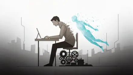 4K Ultra HD PC desktop wallpaper and background: man at a desk typing with gears beneath and a translucent blue digital avatar emerging behind him against a misty city skyline.