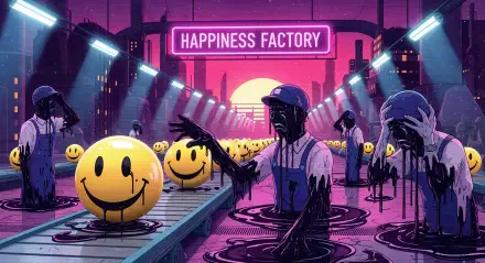 4K Ultra HD PC Desktop Wallpaper and Background — neon HAPPINESS FACTORY assembly line of glowing smiley spheres and shadowy workers dripping black goo beneath a pink sunset
