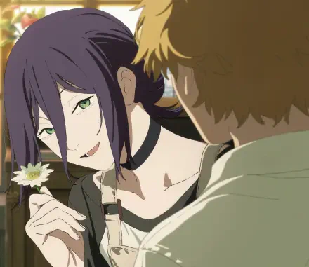 Anime 2K Quad HD PC wallpaper of Chainsaw Man: Reze smiling with a daisy to Denji in a warm, close-up moment.