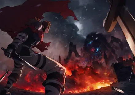 HD anime desktop wallpaper of Sentenced to Be a Hero: Xylo Forbartz in a tattered cloak wielding a sword, facing a towering, glowing-eyed monster amid a fiery, burning battlefield.