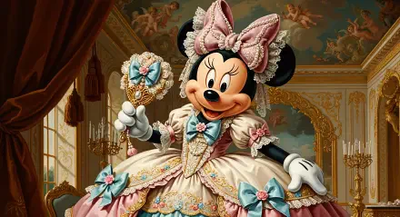 Elegant Minnie Mouse in an ornate Rococo gown holding a hand mirror in a grand palace — 4K Ultra HD PC Desktop Wallpaper and Background.