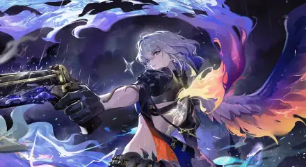 HD PC wallpaper of Galbrena from the video game Wuthering Waves: angelic game character with silver hair, flaming wing, and ornate gun amid a swirling purple-blue storm.