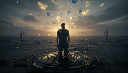 4K Ultra HD PC Desktop Wallpaper and Background: lone figure stands in a shallow pool on cracked earth, backlit by golden light as glowing paper planes and particles float overhead.