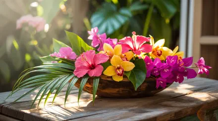 4K Ultra HD PC desktop wallpaper: sunlit wooden table with a shallow bowl of vibrant tropical flowers—pink hibiscus, yellow and magenta orchids—and green palm fronds.