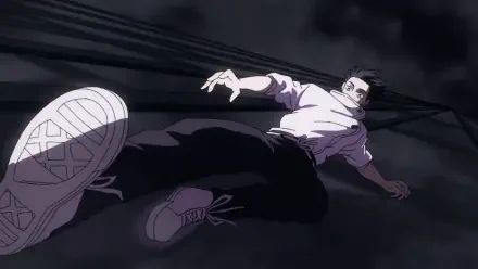 Anime HD PC desktop wallpaper of Yuta Okkotsu from Jujutsu Kaisen sprawled on a dark floor, reaching forward in a dramatic low-angle composition with moody shadows.
