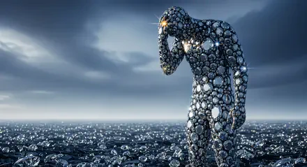 Surreal humanoid of reflective stones stands on a wet rocky shore beneath a stormy sky — 4K Ultra HD PC Desktop Wallpaper and Background