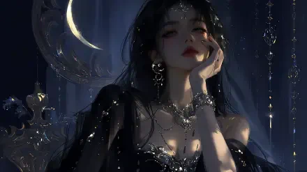 AI art anime girl Moon Girl in a jeweled dark gown beneath a crescent moon — 2K Quad HD PC desktop wallpaper/background.