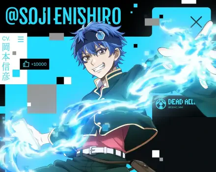 Anime HD PC desktop wallpaper: Souji Enishiro from Dead Account, blue-haired with goggles, grinning as electric blue energy streams across a glitchy, high-definition background.