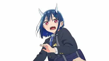 HD PC desktop wallpaper of RuriDragon: white-background anime showing a blue-haired, horned schoolgirl in a dark uniform with red eyes and a surprised expression.
