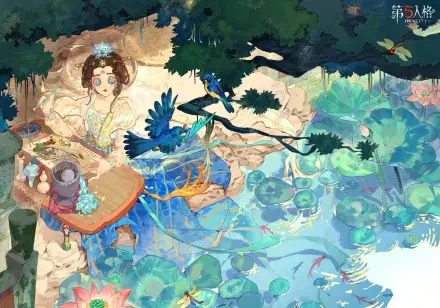 HD PC desktop wallpaper for the video game Identity V: ornate female figure by a tree table with blue birds, flowing ribbons and a dreamy lily-pad pond in soft pastel hues