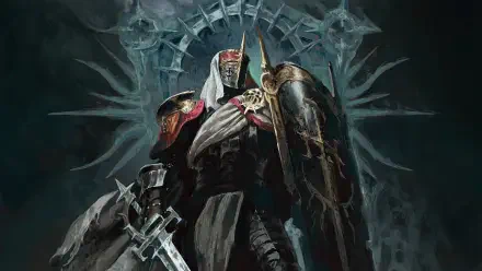 HD PC desktop wallpaper from the video game Diablo IV: a paladin knight in heavy armor wields a massive sword and shield before a gothic throne, haloed by icy blue runes.