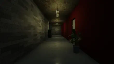 Liminal space HD PC desktop wallpaper — dim, empty hallway with concrete walls, red accent wall, fluorescent light and a potted plant, eerie quiet atmosphere.