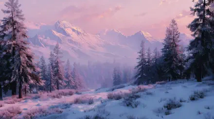 Aesthetic winter 4K Ultra HD PC desktop wallpaper and background: pink dawn over a snowy alpine valley with frosted pines and soft light on distant mountain peaks.
