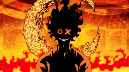 Anime Fire Force HD PC desktop wallpaper: Shinra Kusakabe transformation silhouette with blazing flame head, glowing X eye and grin, crescent of fire and burning backdrop.