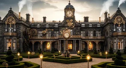 4K Ultra HD PC Desktop Wallpaper and Background: ornate Victorian clock‑tower manor at dusk with glowing lanterns, manicured parterres and decorative brass gears on the façade.