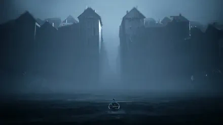 HD PC desktop wallpaper background for horror game Reanimal: lone rowboat crosses a black, misty sea toward towering, monolithic castle walls shrouded in cold blue-gray fog.