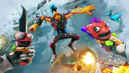 HD PC desktop wallpaper/background for action game High On Life 2: blue‑haired hero leaps amid explosions with two colorful living-gun creatures over a chaotic sci‑fi battlefield.