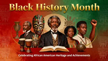 Black History Month 4K Ultra HD PC wallpaper and background: montage of African American figures, African masks, drums, open book and raised fist celebrating heritage and achievements.