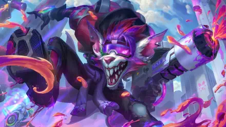 4K Ultra HD PC desktop wallpaper of Twitch (League of Legends) — neon‑punk rat champion leaping through a cityscape, bold MOBA artwork for a dynamic desktop background.