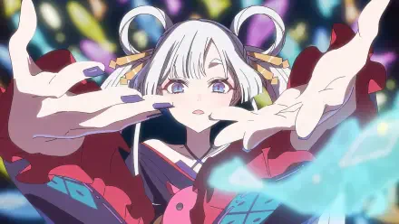 Anime HD PC desktop wallpaper of Cosmic Princess Kaguya!: white‑haired princess reaching out amid shimmering, colorful cosmic lights and ethereal energy.