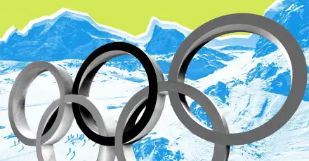HD PC desktop wallpaper showing stylized Winter Olympics rings in metallic grayscale over blue-tinted snowy mountains with a lime-green sky background.