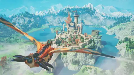 HD PC desktop wallpaper: Monster Hunter Stories 3: Twisted Reflection dragon rider soars toward a seaside island castle surrounded by lakes and snowy mountains — turn-based fantasy scene.