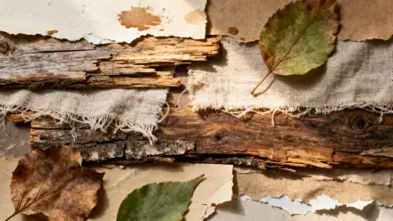 Rustic 4K Ultra HD PC Desktop Wallpaper and Background showing layered torn paper, frayed linen, weathered wood and autumn leaves in earthy browns and muted greens.