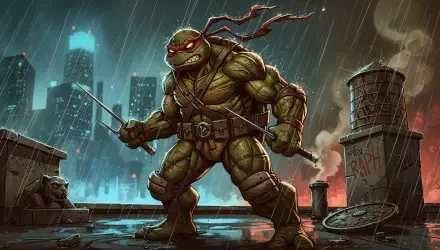 Raphael (TMNT) 4K Ultra HD PC desktop wallpaper: battle-ready Raphael on a rain-soaked rooftop, red bandana and sais drawn against a neon city skyline.
