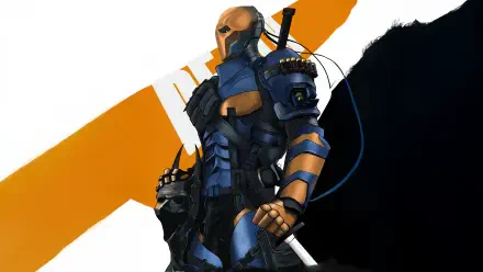 5K Ultra HD digital art PC wallpaper of Deathstroke — a blue-and-orange armored supervillain with mask and sword, posed before a black silhouette and bold orange slash.