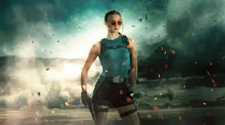 2K Quad HD PC wallpaper: Lara Croft from Tomb Raider: Legacy of Atlantis stands in a teal tank top and tactical gear amid stormy ruins, sunglasses on and embers drifting around.