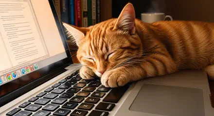 4K Ultra HD PC desktop wallpaper and background: orange tabby cat sleeping on a laptop keyboard, paws tucked in, with books and a mug softly blurred in the background.