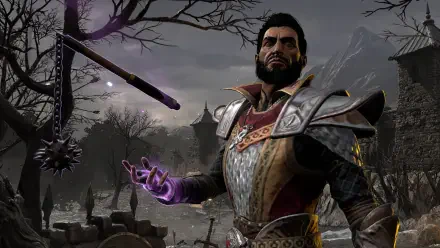 Diablo II: Resurrected 4K Ultra HD PC wallpaper — armored hero summons purple magic as a spiked flail arcs through a foggy graveyard, brooding hack-and-slash ARPG atmosphere.