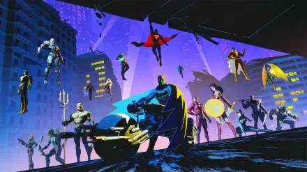 2K Quad HD PC desktop wallpaper for mobile game DC: Dark Legion: Batman in foreground leading an assembled roster of DC heroes against a neon-lit city skyline.
