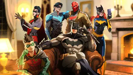 4K Ultra HD PC desktop wallpaper for mobile game DC: Dark Legion — Batman seated in an armchair, flanked by Robin (DC Comics), Nightwing, Red Hood and Batgirl in a warm, richly lit Bat-family room.