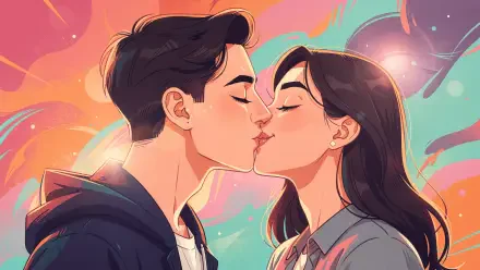 Stylized 4K Ultra HD desktop wallpaper of a young couple sharing a gentle kiss against a colorful, dreamy background.