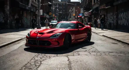 Red Dodge Viper on a sunlit, gritty city street — 5K Ultra HD PC desktop wallpaper/background.