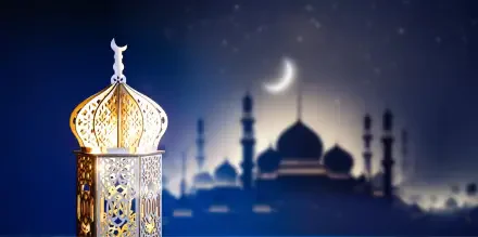 Religious Ramadan HD PC desktop wallpaper: ornate lantern and crescent moon with mosque silhouette against a blue night background.
