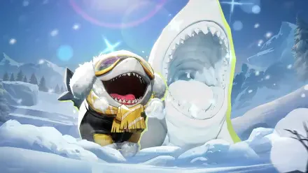 4K Ultra HD PC wallpaper from the video game Marvel Rivals: Jeff the Land Shark in goggles and scarf laughs in a snowy scene beside a yawning shark.